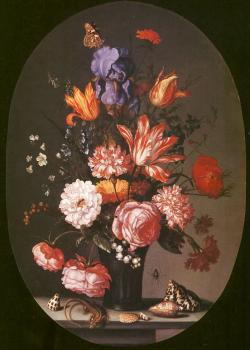 Balthasar Van Der Ast : Graphic Flowers in a Glass Vase